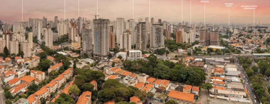 Vista aérea da Chácara Klabin com a torre do Tons Klabin entre ruas arborizadas