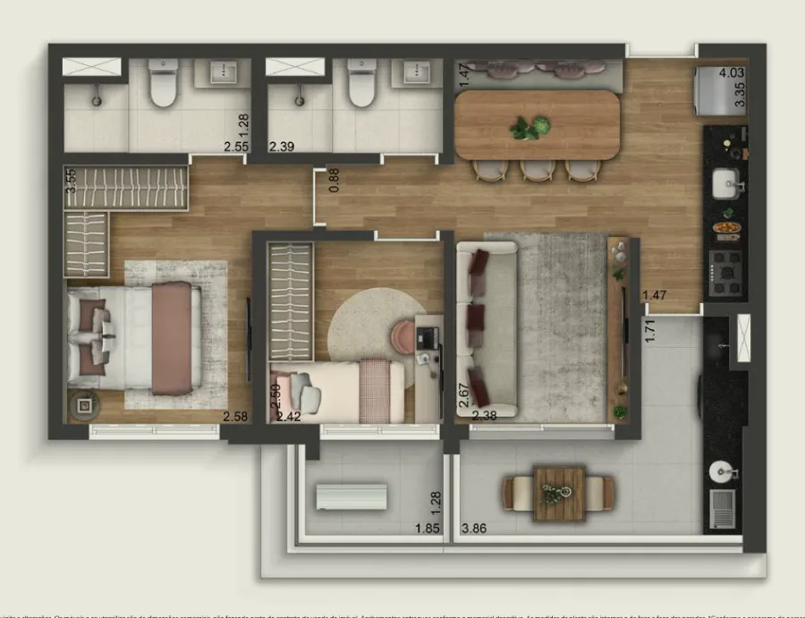 Planta do apartamento de 62,4 m² com 2 dormitórios